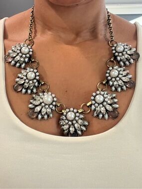 J. Crew Beaded Statement Necklace with Clear and Gray Crystal Clusters